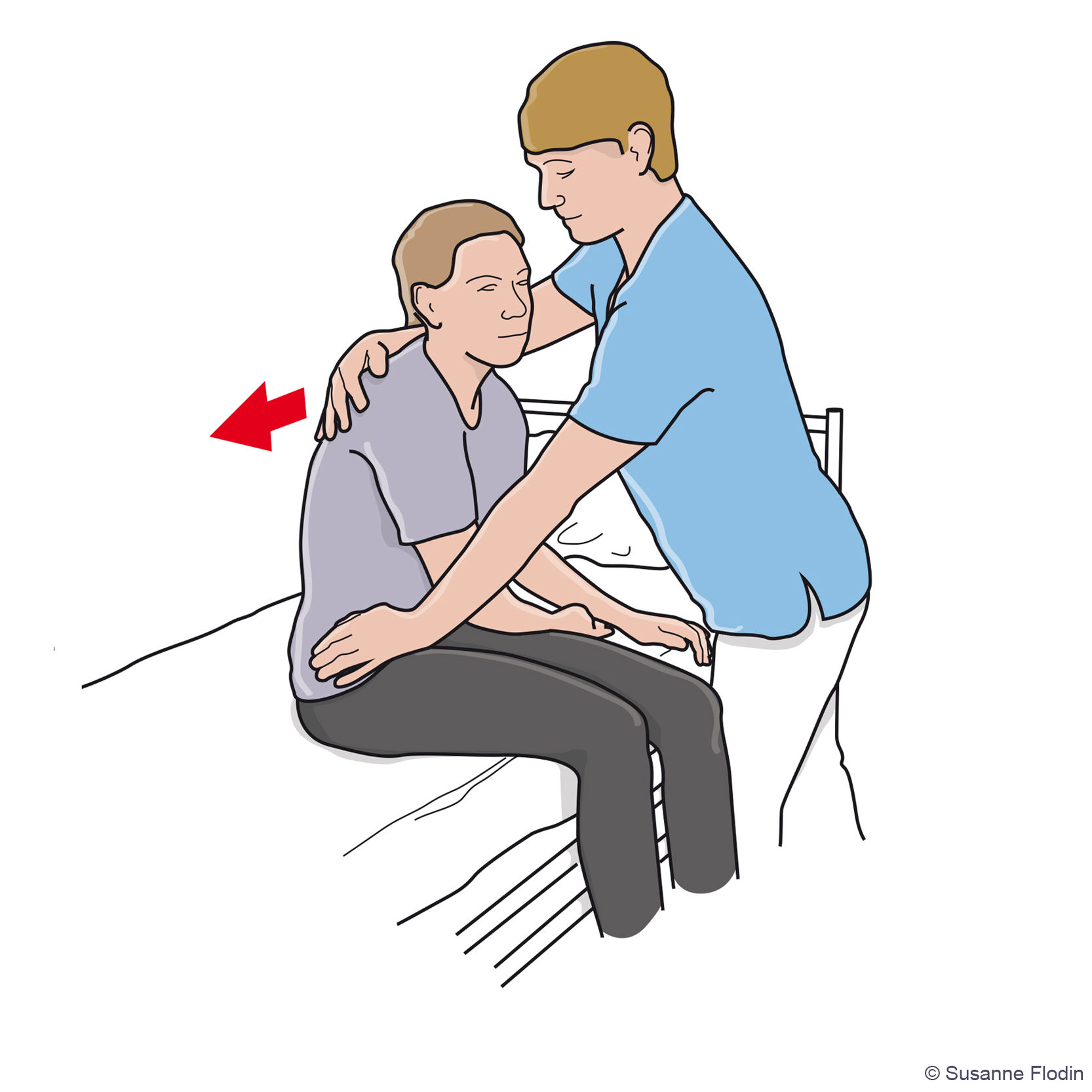 Bild som beskriver hur en vårdpersonal hjälper patienten att sätta sig upp på sängkanten. 