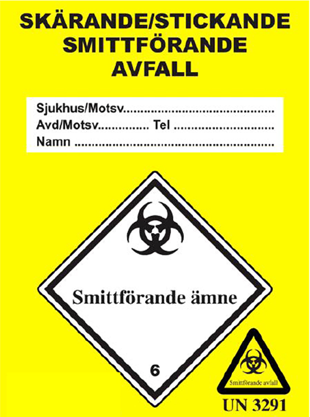Bild som visar etikett skärande stickande smittförande avfall