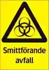 Varningsskylt med internationell symbol för biologisk fara och smittförande avfall