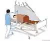 Bild som beskriver  hur man vänder en patient i sängen med hjälp av förflyttningslakan. 