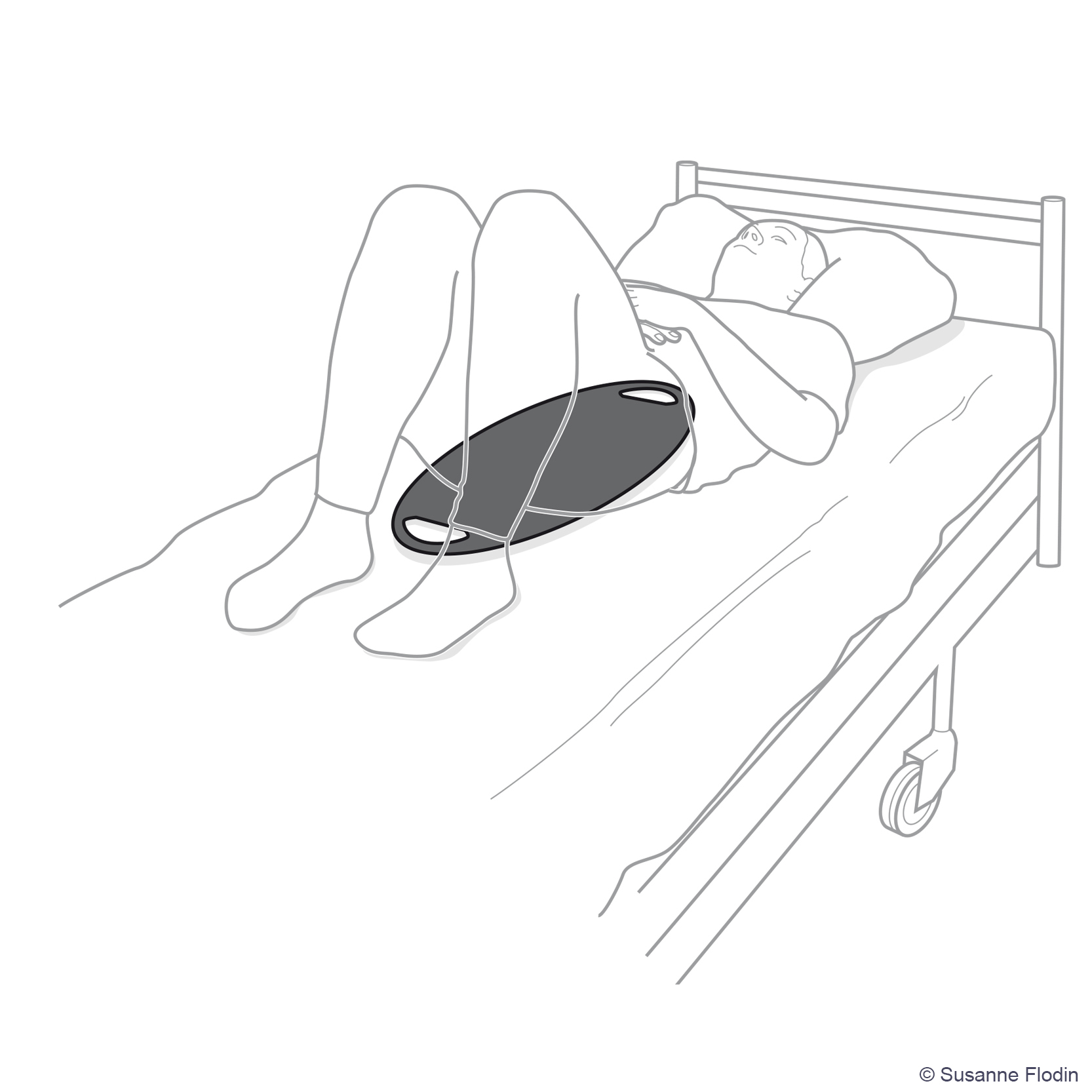 Bild som beskriver hur en glidbräda placeras under patienten i en säng. 