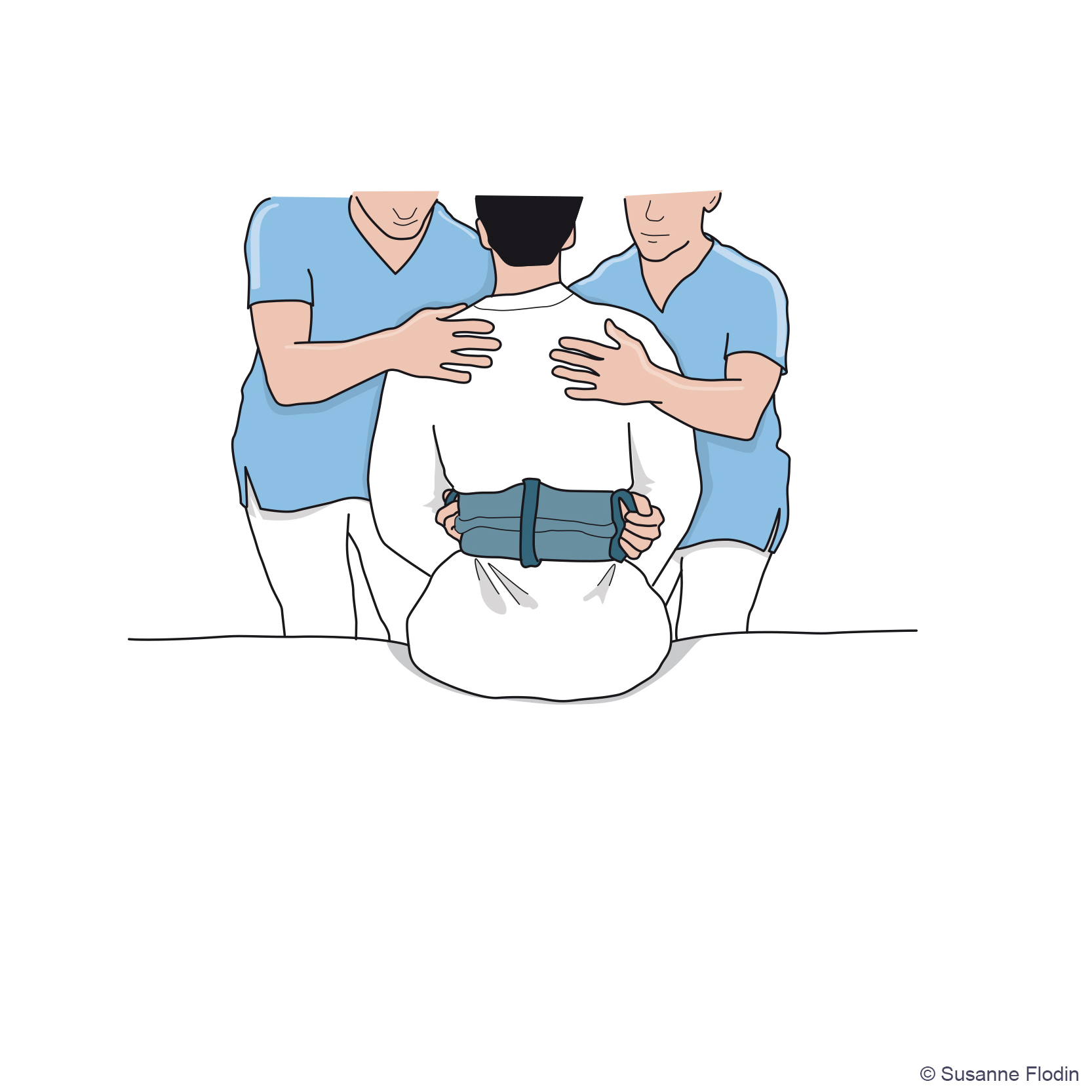 Bild som beskriver hur två vårdpersonal hjälper patient från sängkanten till stående med hjälp av vårdbälte.