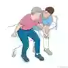 Bild som beskriver hur en vårdpersonal hjälper en patient från sittande till stående. 
