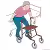 Bild som beskriver hur en patient reser sig från sängkanten med hjälp av rollator. 