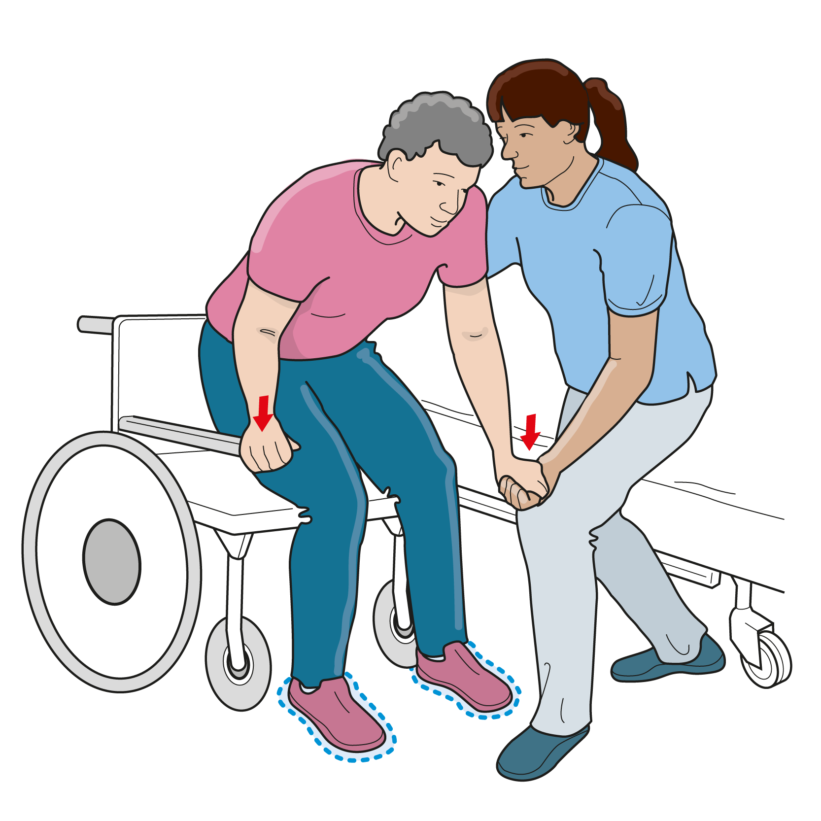 Illustrationen visar hur en vårdpersonal hjälper en person upp ur rullstol