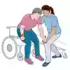 Illustrationen visar hur en vårdpersonal hjälper en person upp ur rullstol