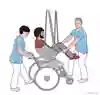 Bild som beskriver lyft med lyftsele till en rullstol, med hjälp av två vårdpersonal. 