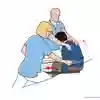 Bild som beskriver hur två vårdpersonal hjälper patient från säng till rullstol. 