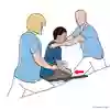 Bild som beskriver hur två vårdpersonal hjälper patient från säng till rullstol. 