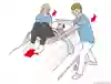 Bild som beskriver hur två vårdpersonal hjälper en patient högre upp i sängen med hjälp av draglakan. 