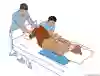 Bild som beskriver hur två vårdpersonal hjälper en patient högre upp i sängen med hjälp glidtyg och kudde under skuldror och axlar. aglakan. 