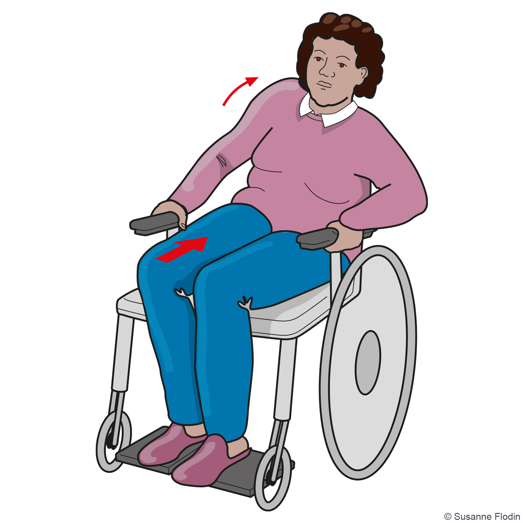Bild som beskriver hur man på egen hand kan flytta längre bak i rullstolen genom skinkgång. 