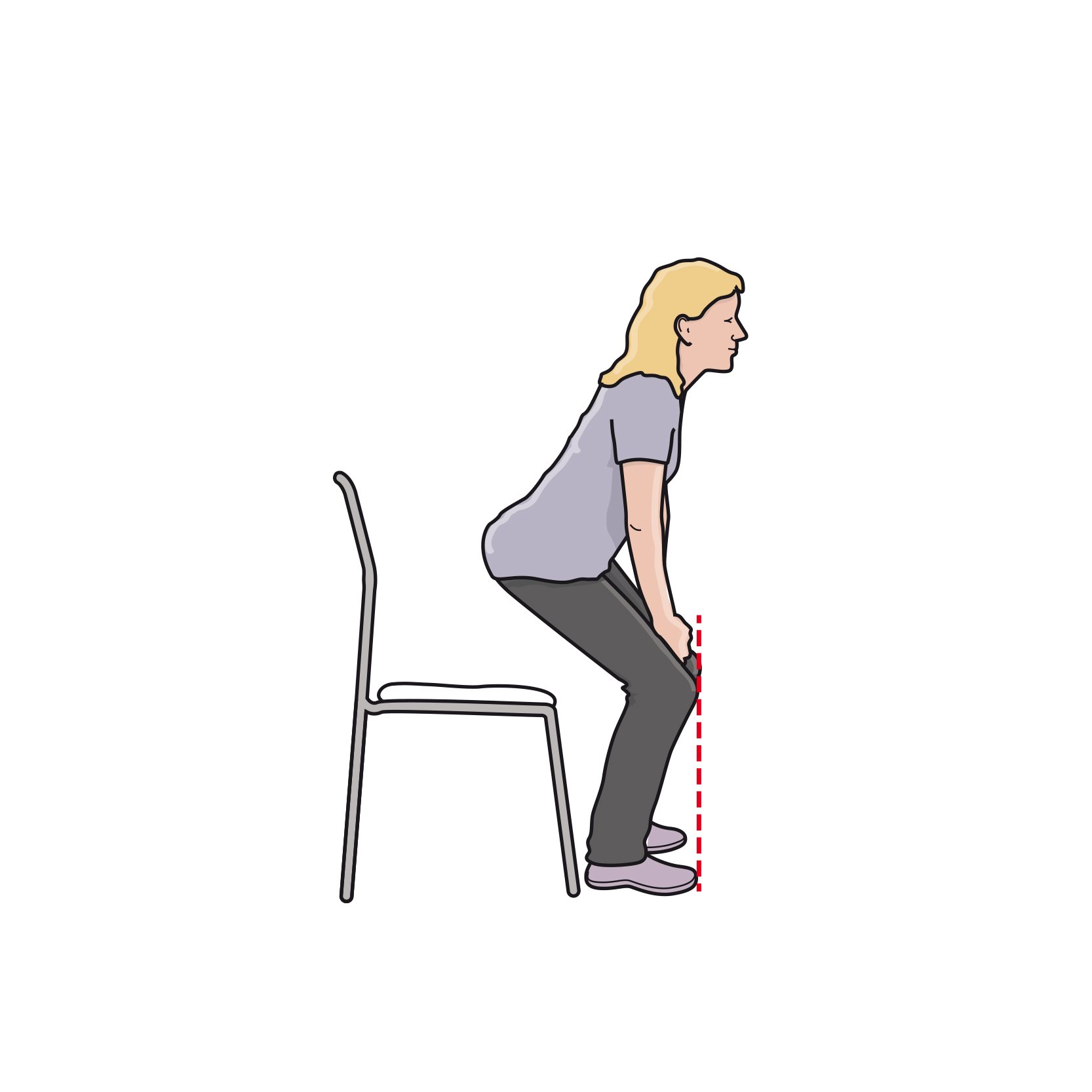Bild som visar hur en person ställer sig upp själv från sittande