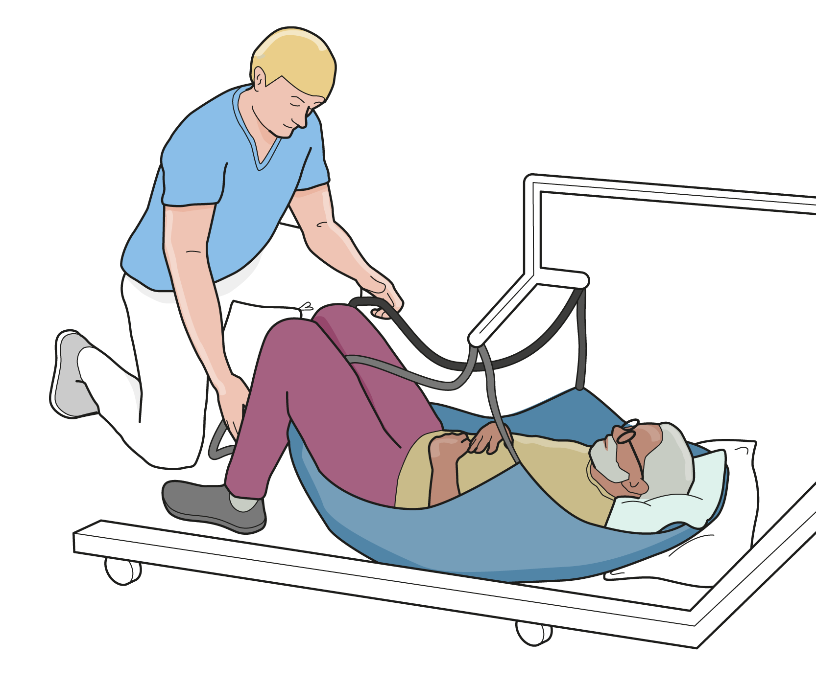 Illustration visar vårdpersonal som förbereder för lyft av patient med personlyft